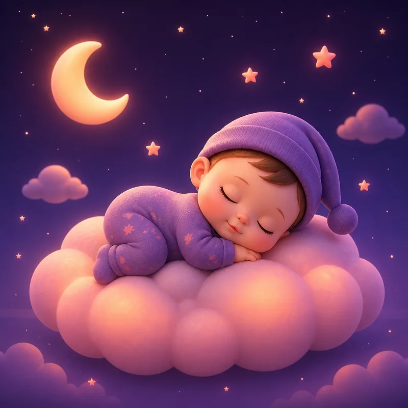 A baby in a night cap asleep on a soft cloud beneath a crescent moon