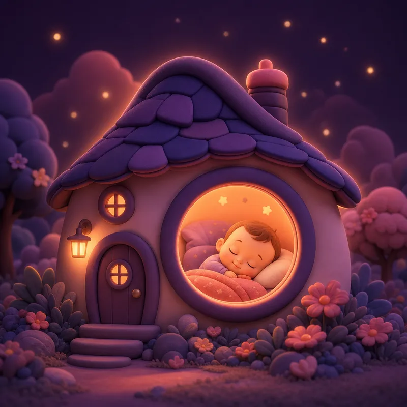 A snug little house at dusk with a baby sleeping safely inside a round window