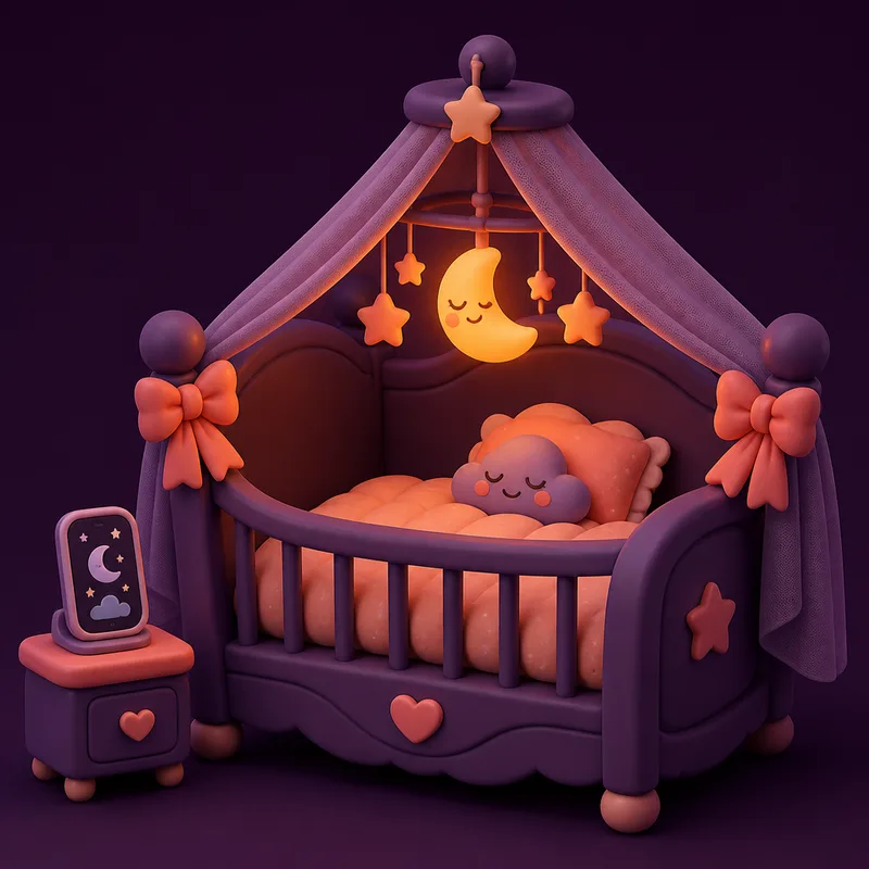 A cozy crib with a canopy and a phone standing on the nightstand beside it
