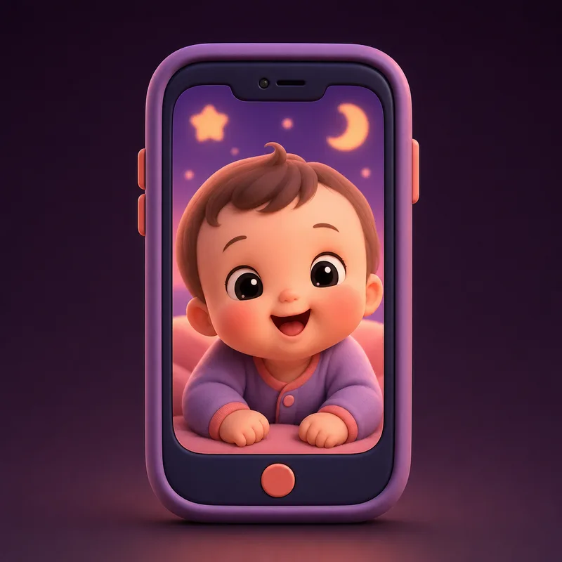 A phone showing a happy baby on screen, held by the parent