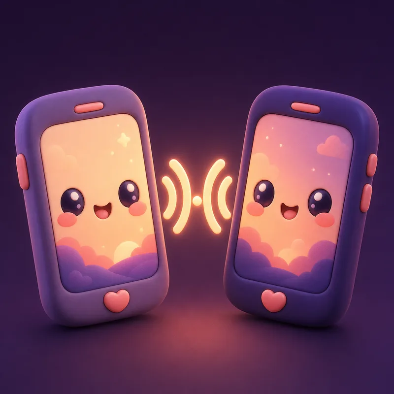 Two friendly phones connected directly to each other by a glowing signal