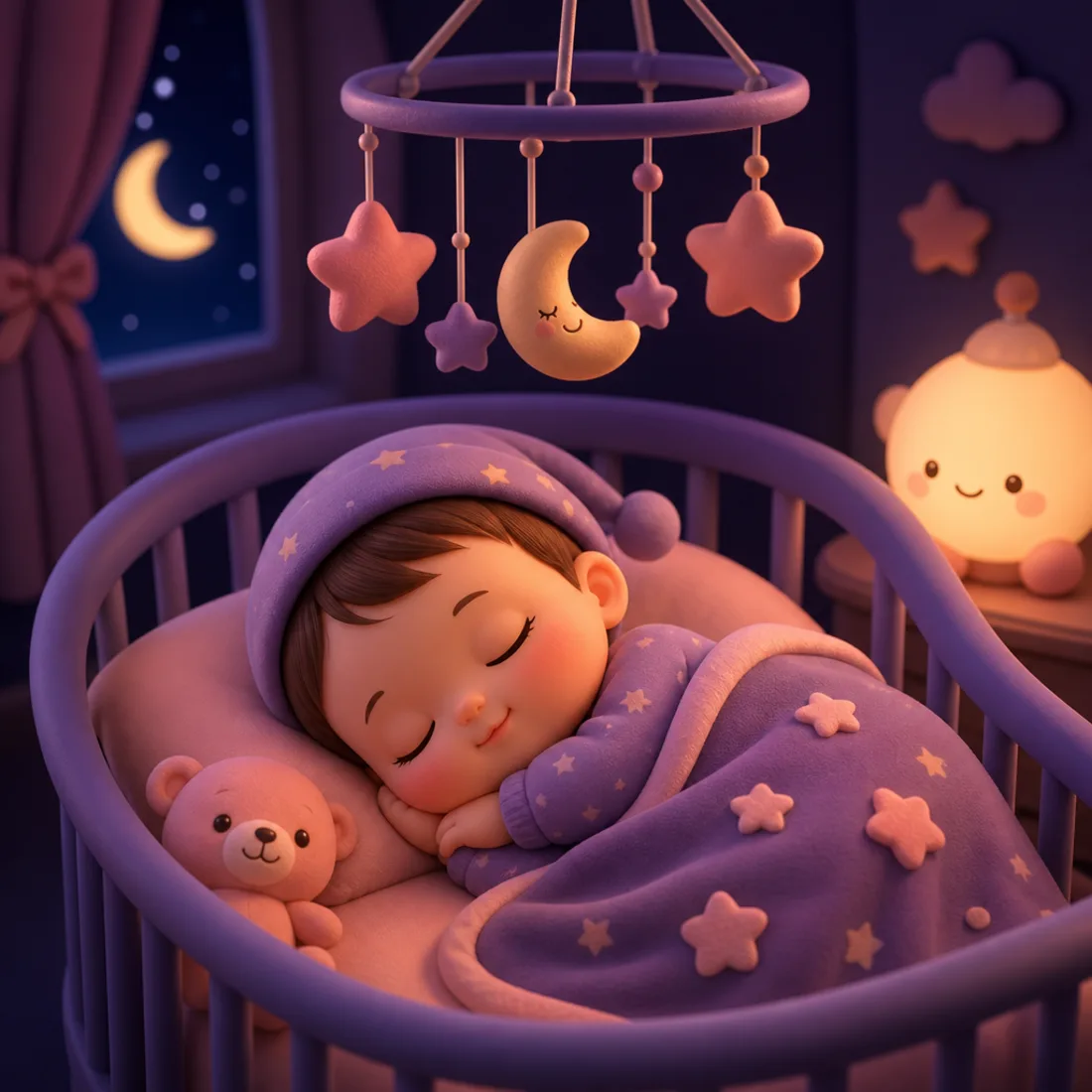 Illustration of a baby sleeping peacefully in a crib under a starry mobile